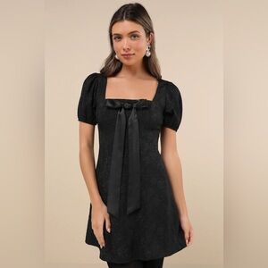 Lulus Polished Sweetie Black Jacquard Bow Puff Sleeve Mini Dress size M NWOT